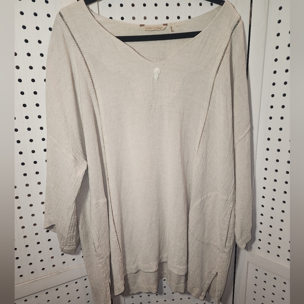 Soft Surroundings Linen L/XL Linen 3/4 Sleeves Tunic Beige/ Cream Pockets